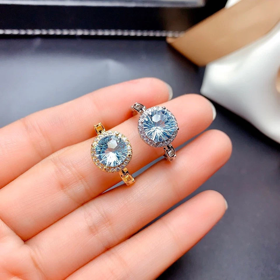 New 8mm Firework Cut Round Light Blue Topaz Gemstone Women Girl Gold Rings - Image 2 of 4