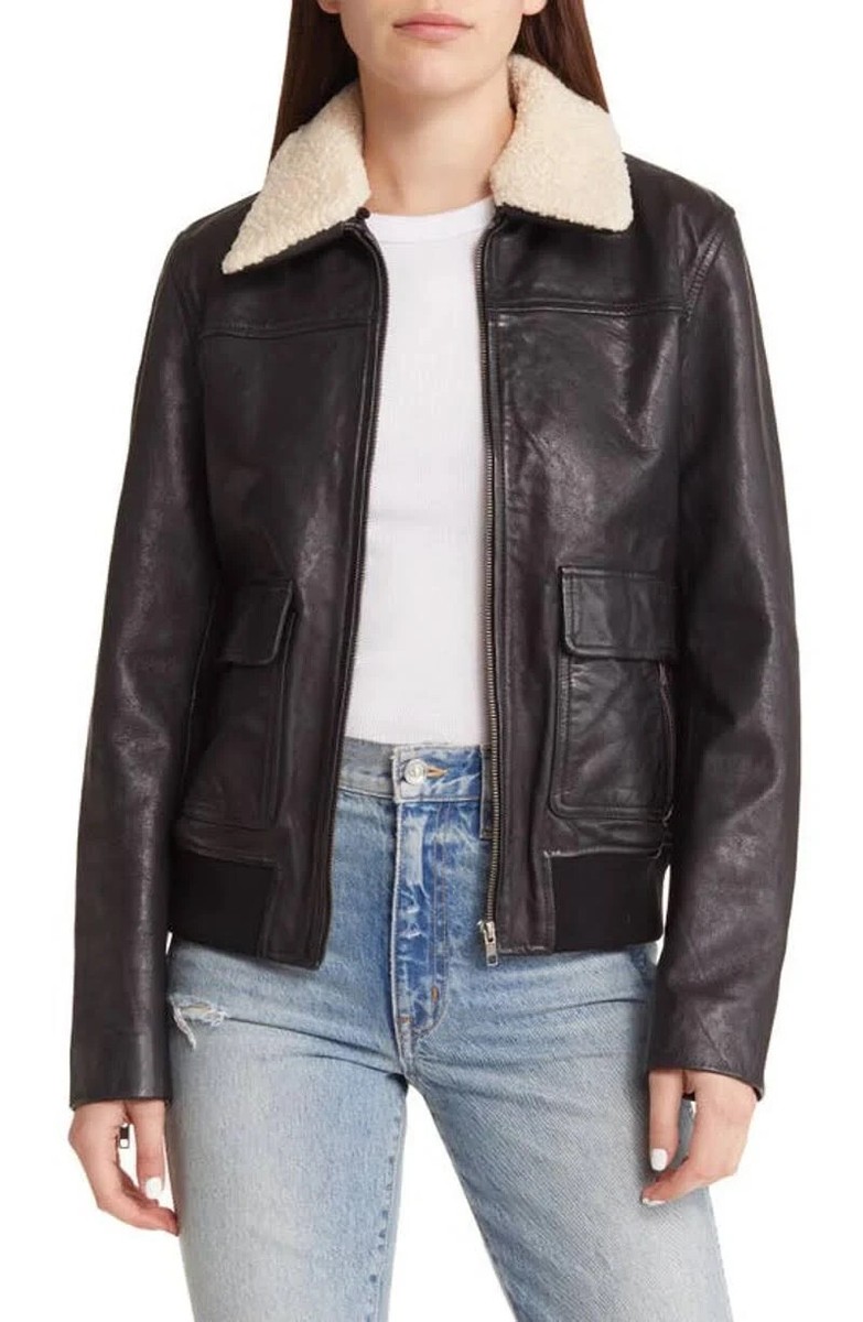 NEW Treasure & Bond Leather Bomber Jacket with Faux Shearling