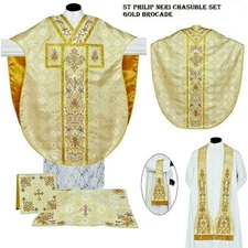 St Philip Neri Chasuble Set Gold Brocade Stole,Maniple, Veil, Burse NEW