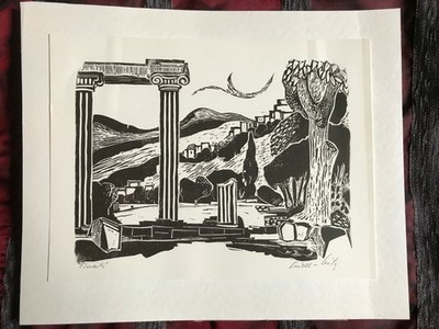 JOSEF SEIDL-SEITZ-Villa Adriana-Roma-VIEW OF TIVOLI-Woodblock Print-Signed
