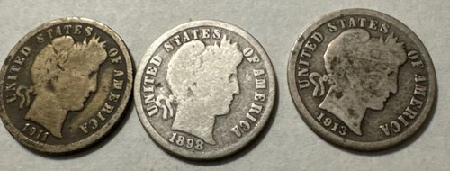 (3) Barber Dimes 1898,1913, 1911. Plan Mints
