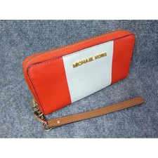 Michael Kors Orange White Stripe Zip Around Wristlet Wallet Clutch Gold Hardware