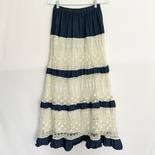 Vintage Country Cowgirl Maxi Skirt Small Boho Prairie Peasant Lace Denim Cottage