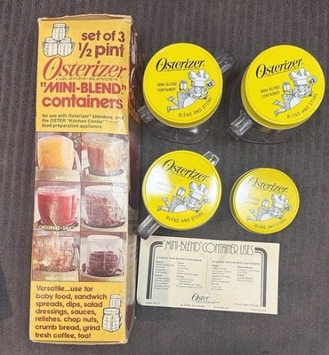 3 Osterizer 927-62 Oster Clear Plastic Mini-Blend Jars, Lids & Pamphlet 1/2 pt