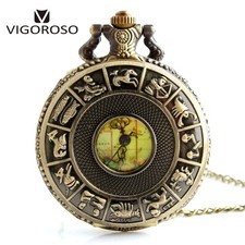 Vintage Bronze 12 Zodiac Pendant Necklace Steampunk Quartz Pocket Watch Gifts