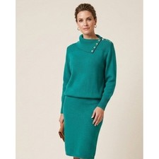 Vtg St John For Saks Knit Skirt Set Envelope Neck Top Teal Santana Knit