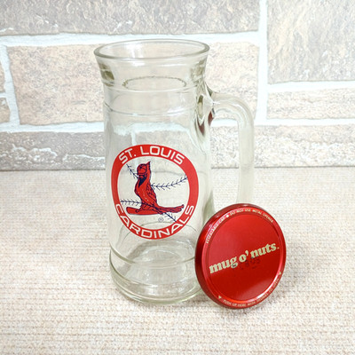 Vintage MLB St Louis Cardinals Mug O Nuts Glass Stein w/Lid Logo Keepsake *EMPTY