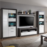 Wohnzimmer Wohnwand Tv Anbauwand Hochglanz Weiß Vitrinen-Schrank Mediawand Beton