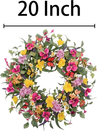 20 inch Flower Wreath Spring Door Artificial Flowers With Butterflies - Picture 2 of 5