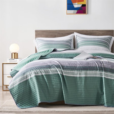 Full/Queen Quilt Bedding Set, White Grey and Green Patchwork Striped Quilt Set,