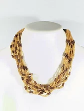 Brown Corded Glass and Wood Bead Multi Strand Choker Necklace Tribal 20 in