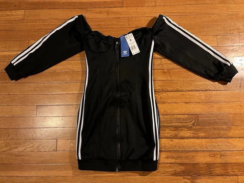 Adidas Jeremy Scott JS Off Shoulder Full Zip Front Dress Women’s Medium Black