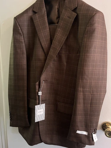 Vinci Mens 3pc Suit Brown Plaid Made In Italy 38/R 32/W NWT