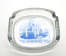 Vtg Ashtray  Harborside Inn Clear Glass Blue Nautical Ships Scene 3.75" x 3 3/8"