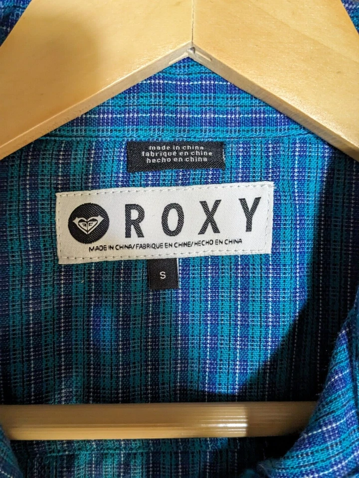 ROXY Mujer Chaqueta Talla Pequeña Cuadros Azul Cuello Abotonado Camisa Chaqueta Usada en Excelente Condición N76 Foto 3 de 4