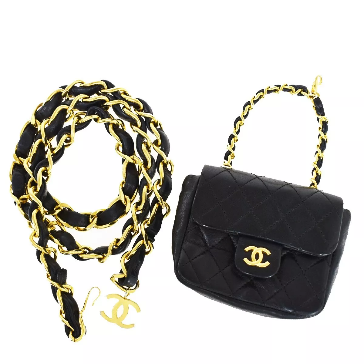 CHANEL CC Mini Matelasse Bag Charm Chain Belt Set Leather Black GHW  620RC928