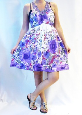 strapless open back dress French Purple Floral Summer Swing Dress – Shopbluebelle main image 1