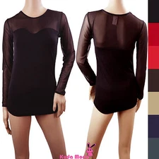 Seamless Sheer Long Sleeve Mesh Sweetheart Neckline Blouse Top Shirt XS S M L