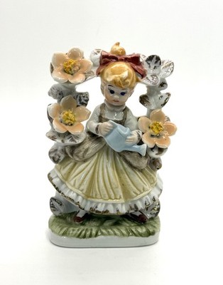 Vintage Granny Core Figurine Girl w Watering Can Standing Under a Floral Arbor