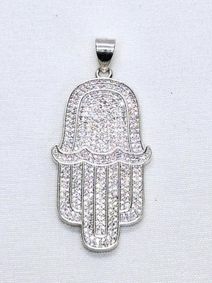 Hamsa Hand Pendant Lrg CZ Charm Dije Mano Fatima 925 Mex. Sterling Silver 4.25cm