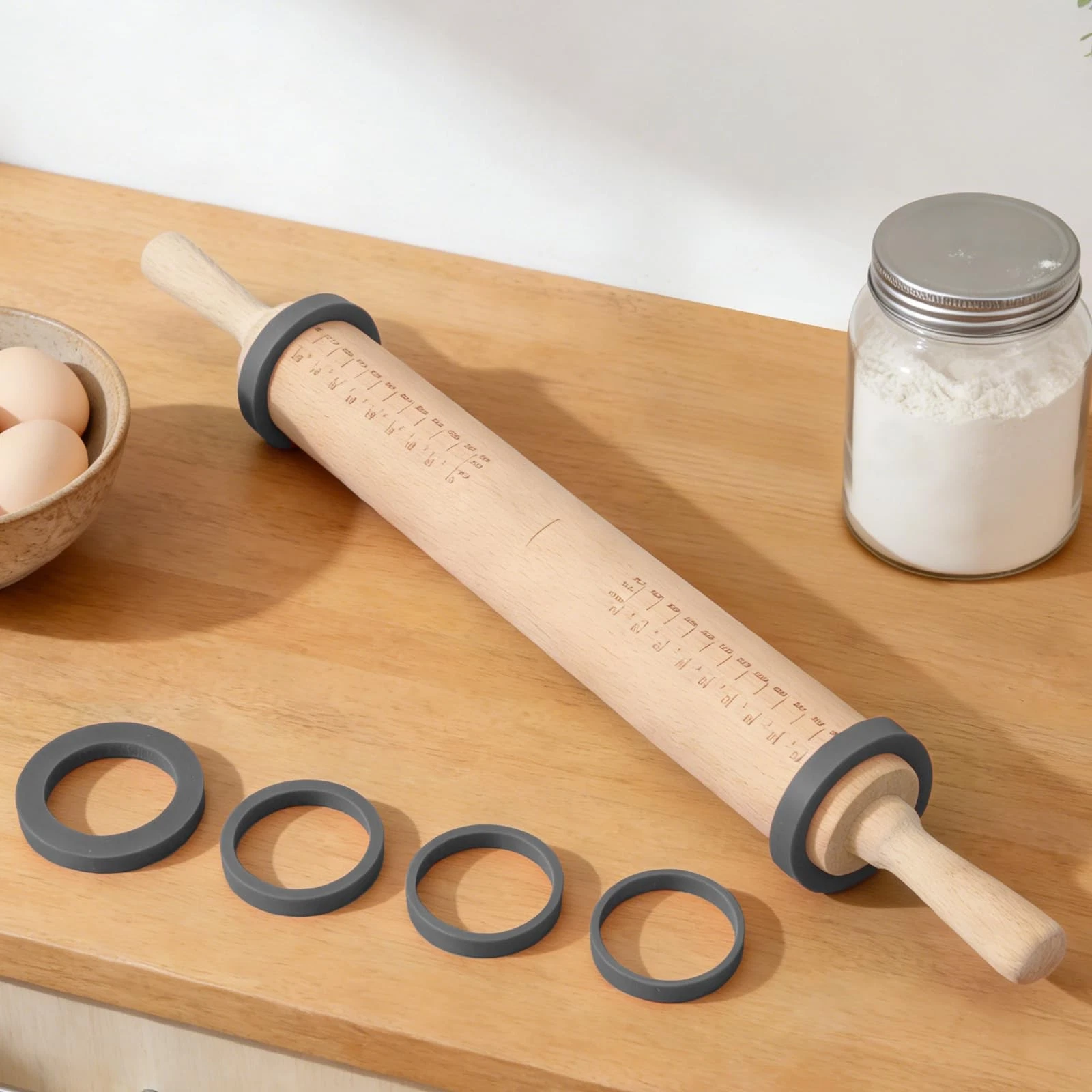 Long Adjustable Wood Rolling Pin: 21.1 Inch Rolling Pin with Thickness Rings ...