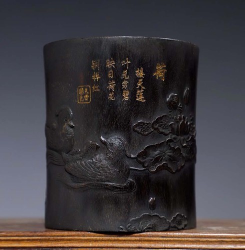 Alter chinesischer Holzpinseltopf mit Ente - Bild 2 von 9