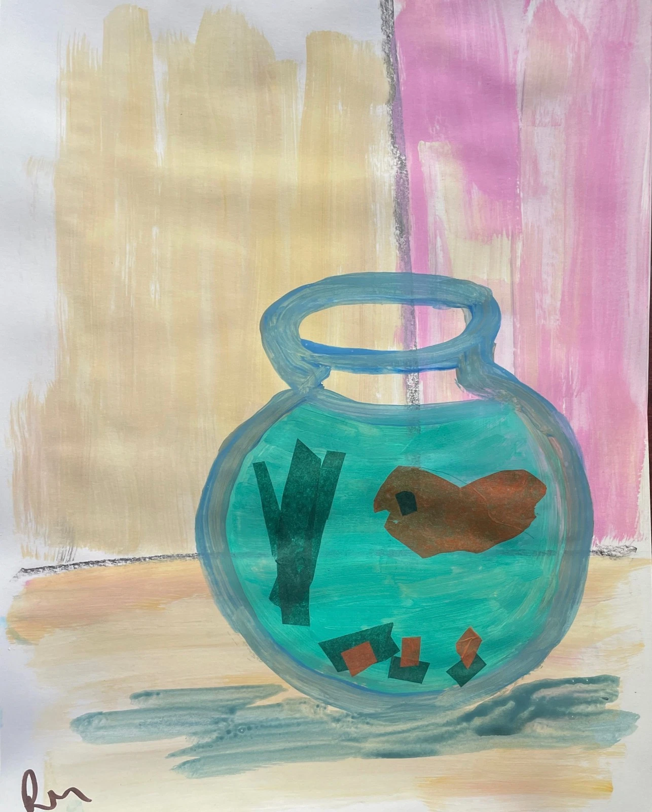 Fishbowl Friend 2 11X 14" Collage Acrylic Painting Canvas Loose Paper