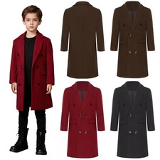 Boys Classic Dress Coats Notch Lapel Double Breasted Long Trench Jacket Suit