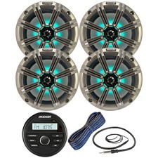 Kicker KMC2 Marine Stereo Receiver, 4x 8" LED Speakers w/Grilles, Wire, Antenna