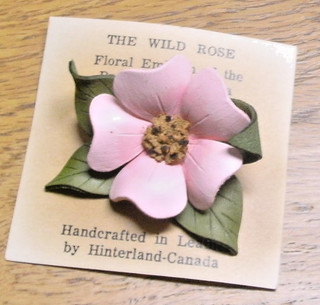 Vintage Wild Rose Alberta Canada Souvenir Pin Handcrafted in Leather On Card