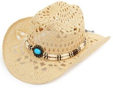 Straw Cowboy Hat, Western Cowgirl Hat, Wide Brim Sun Beach One Size Beige-m23