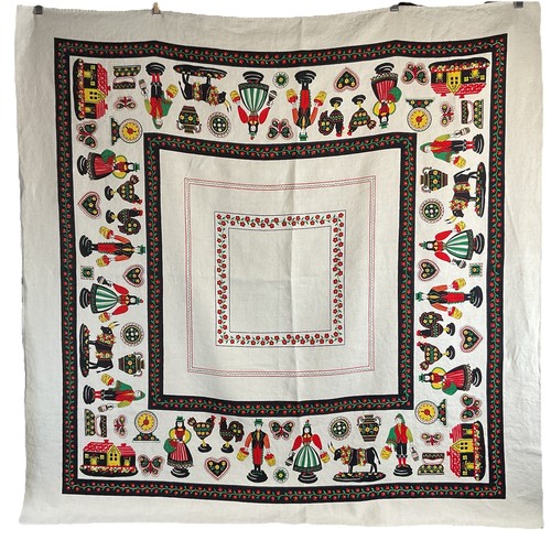 Tablecloth Amish Penn Dutch Harvest Print Linen 48 Inches Square Navy Red Green - Picture 1 of 5