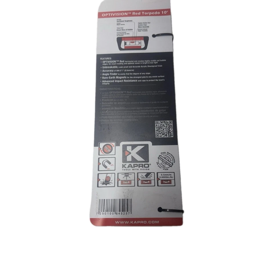 Optivision Red Torpedo 10''  By Kapro Magnetic Cast Aluminum Level - Image 2 of 2