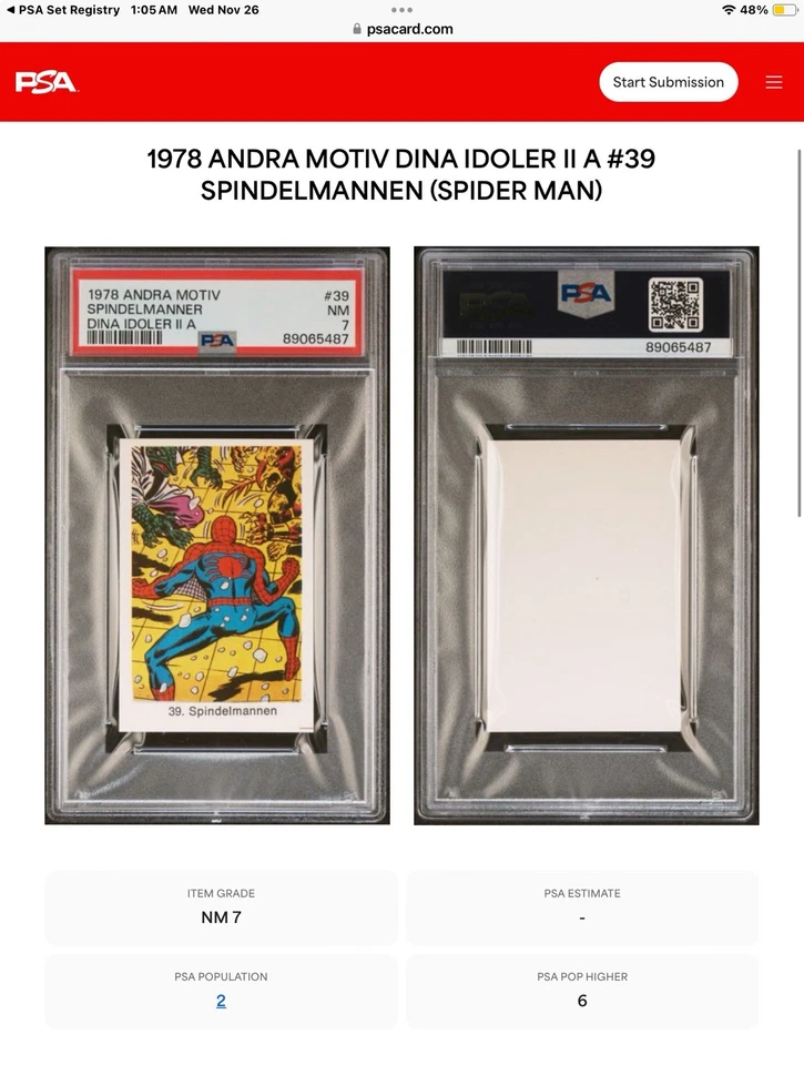 1978 marvel andra motiv 39 spider-man; super hero dina idoler PSA 7  (POP 2, 6^) - Image 3 of 3