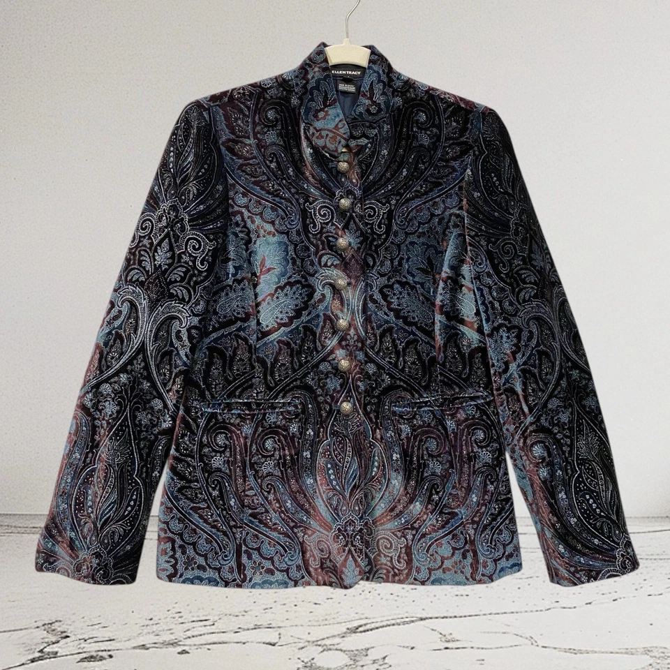 Ellen Tracy Women’s Velvet Blazer Size 8 Petite Rayon Silk Paisley Jacquard $350 - Image 2 of 4