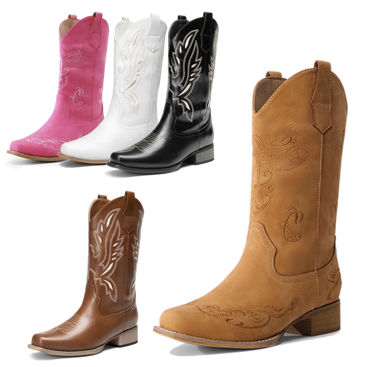 Women Pull On Square Toe Western Mid Calf Boots Low Heel Cowboy