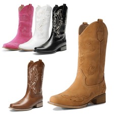 Women Pull On Square Toe Western Mid Calf Boots Low Heel Cowboy Cowgirl Boots