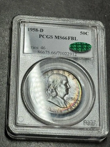 1958 D Franklin Silver Half Dollar PCGS CAC MS66 FBL Stunning Toned Coin (3629)
