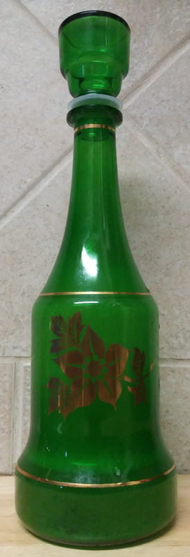 Vintage Green Glass Decanter With Gold Trim Leaves 11" Barware