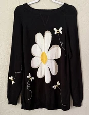 Vintage 90s The Quacker Factory Floral Daisy Bumble Bee Sweater Black Knit Boho