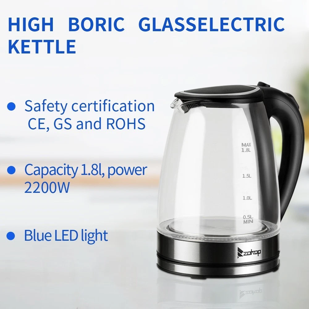 2000W 1.8L Electric Glass Kettle with LED, Fast Boil, UK Plug, Auto Shut-Off