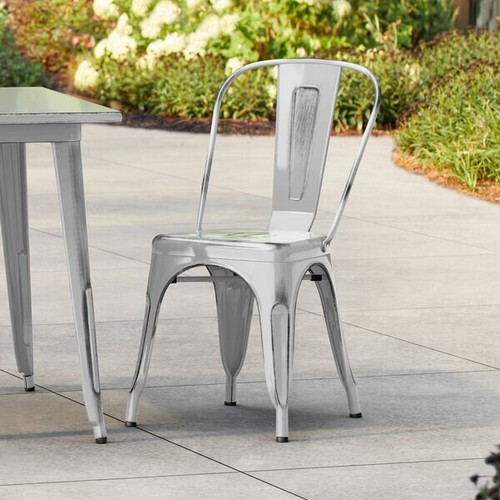 Cafe Style Distressed Silver Metal Restaurant Dining Chair For Indoor or Outdoor - Picture 7 of 7