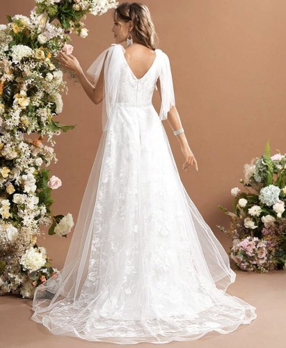 NWT Floral Embroidered Bow Mesh Floor Wedding Dress SizeXL (12) Without Veil - Picture 3 of 13