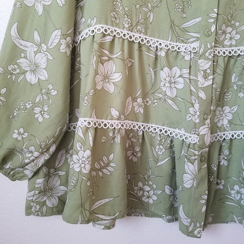 Sweet Rain Womens 1X Floral Tiered Top Button Front Cottagecore Boho Lace Green - Picture 2 of 9