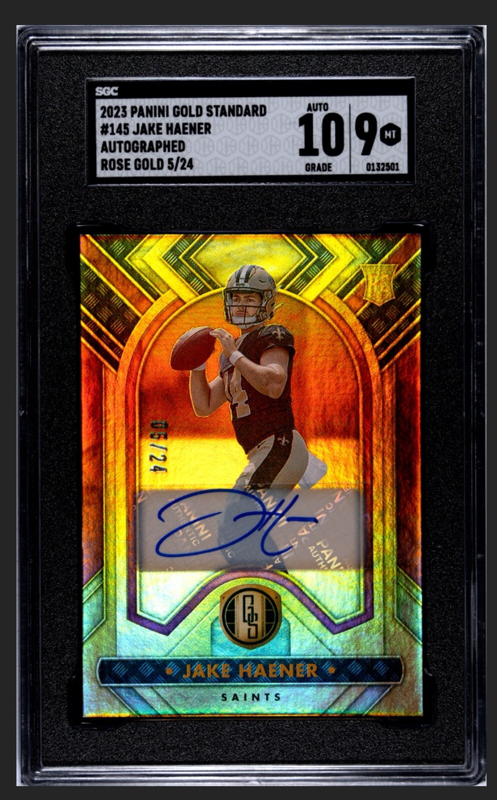 Jake Haener Rose Gold Rookie RC Auto /24, MT 9, 2023 Panini Gold Standard #145
