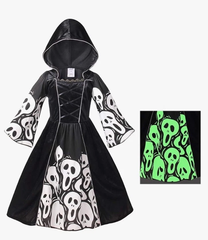 Vestido Gótico Medieval Calavera Disfraz Halloween Terciopelo Negro BRILLA Niñas Talla 6/8Y Foto 2 de 4