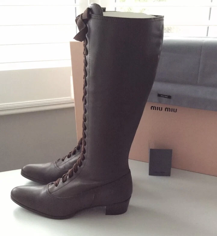 Miu Miu — £950 MIU MIU Brown Leather Knee-High Pointed Toe Boots - Made In Italy