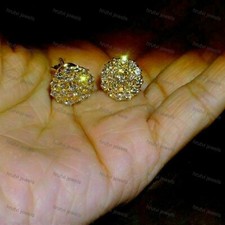 2.00Ct Round Cut Real Moissanite Cluster Stud Earrings 14K Yellow Gold Plated