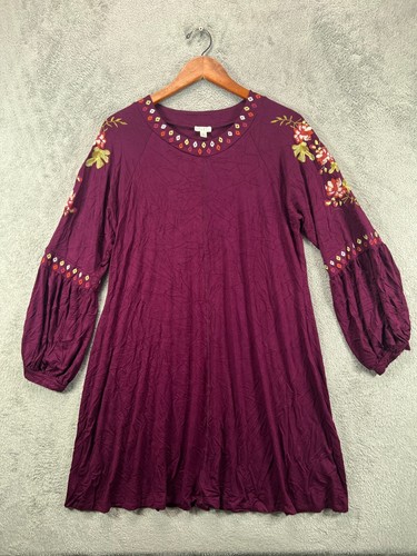 SPENSE Womens Dress Large Boho Red Burgundy Embroidered Floral Long Sleeve - Picture 14 of 16