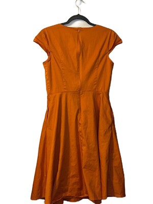 orange 1950s dress 50s / 1950s Mid Century ORANGE and GREY striped cotton day dress with  square neck and full skirt